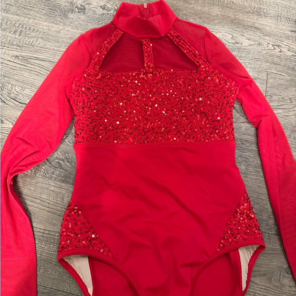 Balera MC dance costume Red Sequin Mesh Leotard